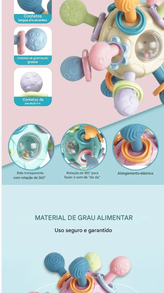 Brinquedo sensorial para bebês 0–12 meses – bola giratória, chocalho, mordedor de silicone e atividade de desenvolvimento.