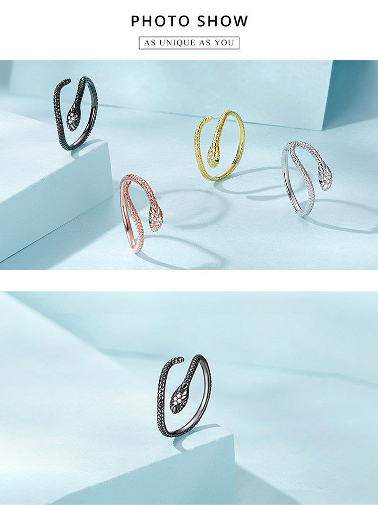 Bamoer | Anel Ajustável em Prata Esterlina 925, Banhado a Platina, com Zircão Verde e Textura Retrô de Cobra – Disponível em 4 Cores.