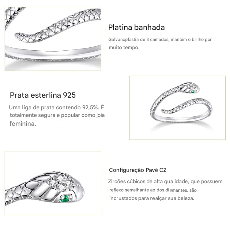 Bamoer | Anel Ajustável em Prata Esterlina 925, Banhado a Platina, com Zircão Verde e Textura Retrô de Cobra – Disponível em 4 Cores.
