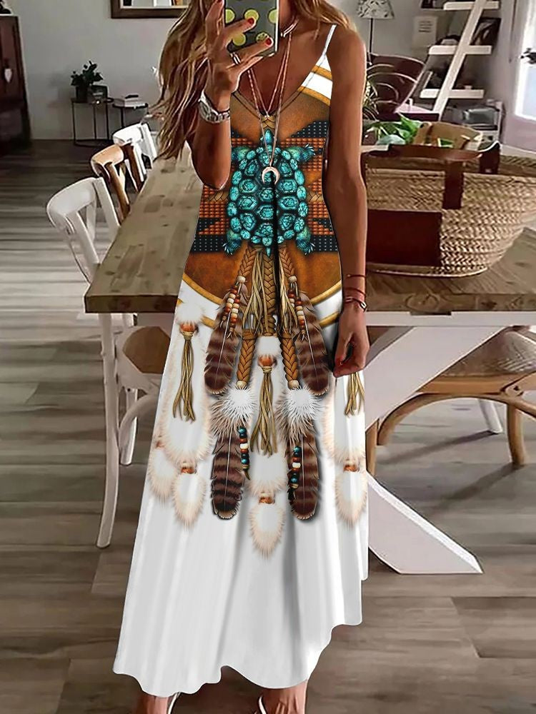 Vestido longo feminino com estampa de coruja indiana, sem mangas, decote V, casual e estiloso para o verão.