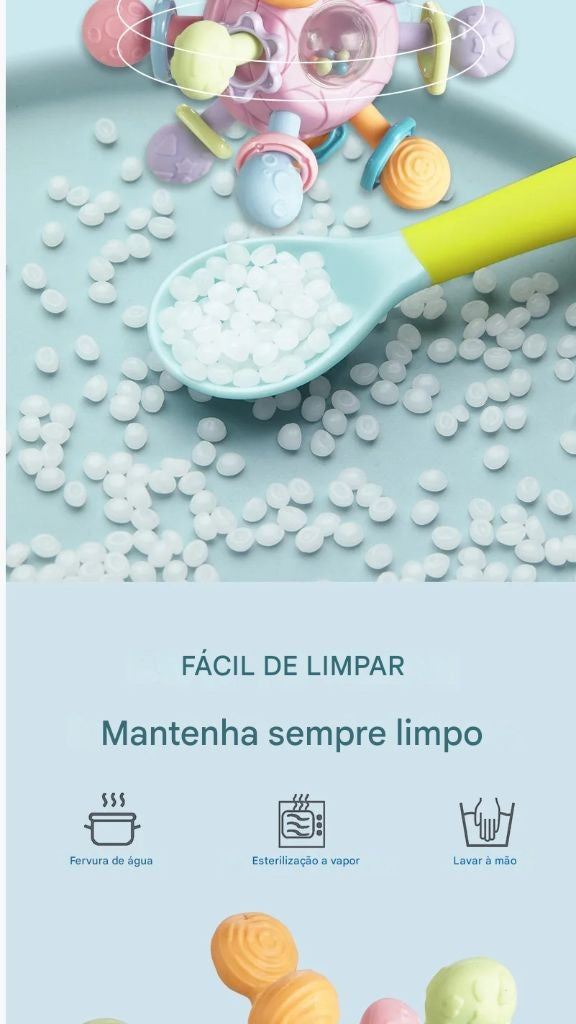 Brinquedo sensorial para bebês 0–12 meses – bola giratória, chocalho, mordedor de silicone e atividade de desenvolvimento.