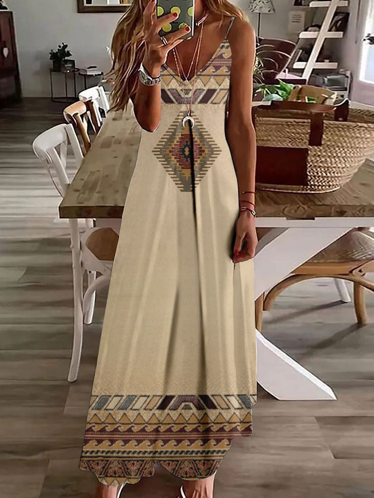 Vestido longo feminino com estampa de coruja indiana, sem mangas, decote V, casual e estiloso para o verão.