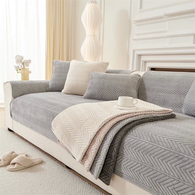 Capa de Sofá Universal em Veludo Premium, Padrão Geométrico Moderno | Toque Macio e Confortável