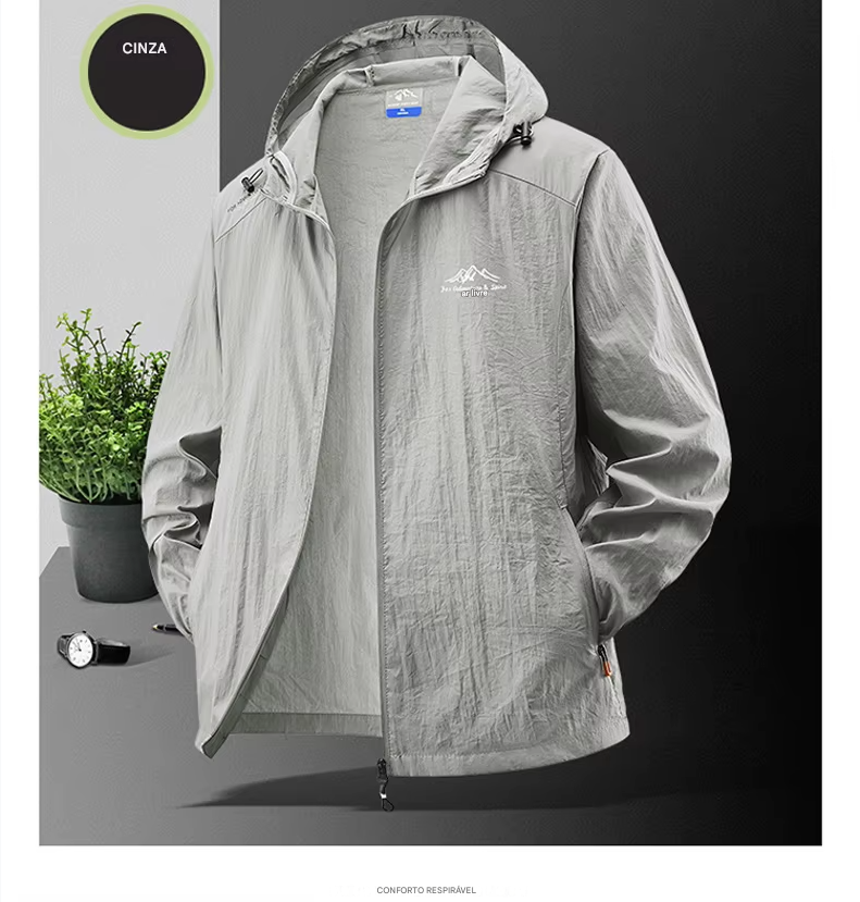 Jaquetas de verão à prova d'água para homens, ideais para caminhadas, pesca, ciclismo e ginásio. Casaco com capuz, esportes ao ar livre e proteção solar, jaqueta fina e leve.