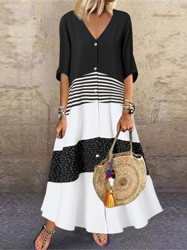 Vestido primavera – elegante, colorido, decote em V, manga 7/4, estilo casual para férias, com estampa exclusiva!