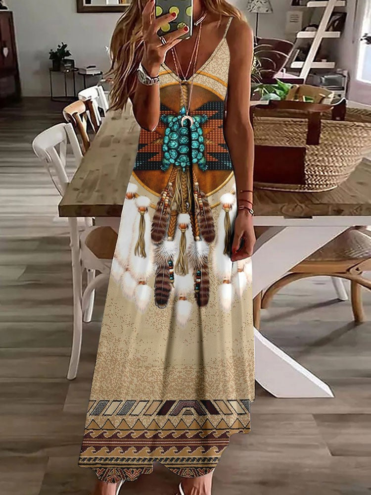 Vestido longo feminino com estampa de coruja indiana, sem mangas, decote V, casual e estiloso para o verão.