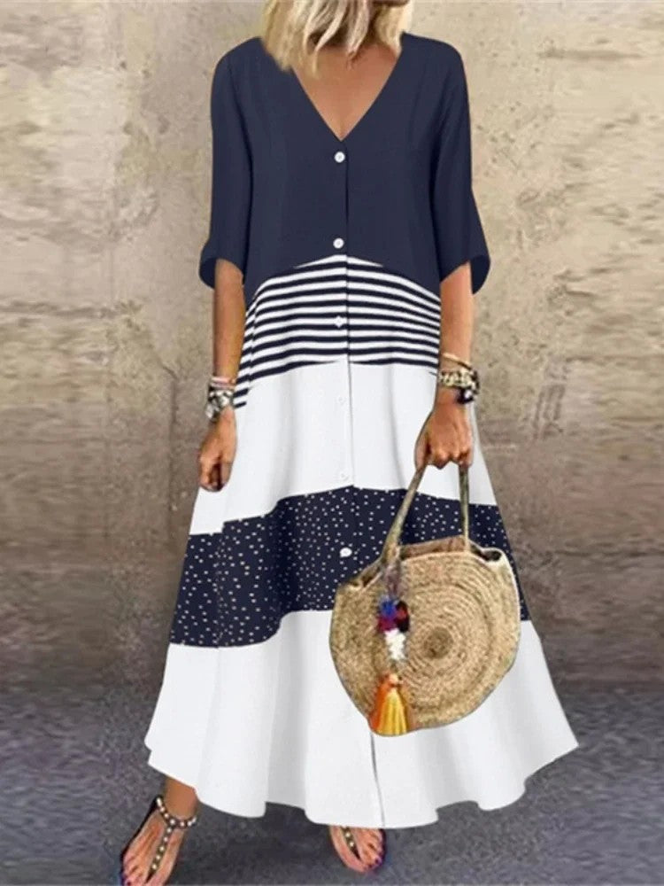 Vestido primavera – elegante, colorido, decote em V, manga 7/4, estilo casual para férias, com estampa exclusiva!