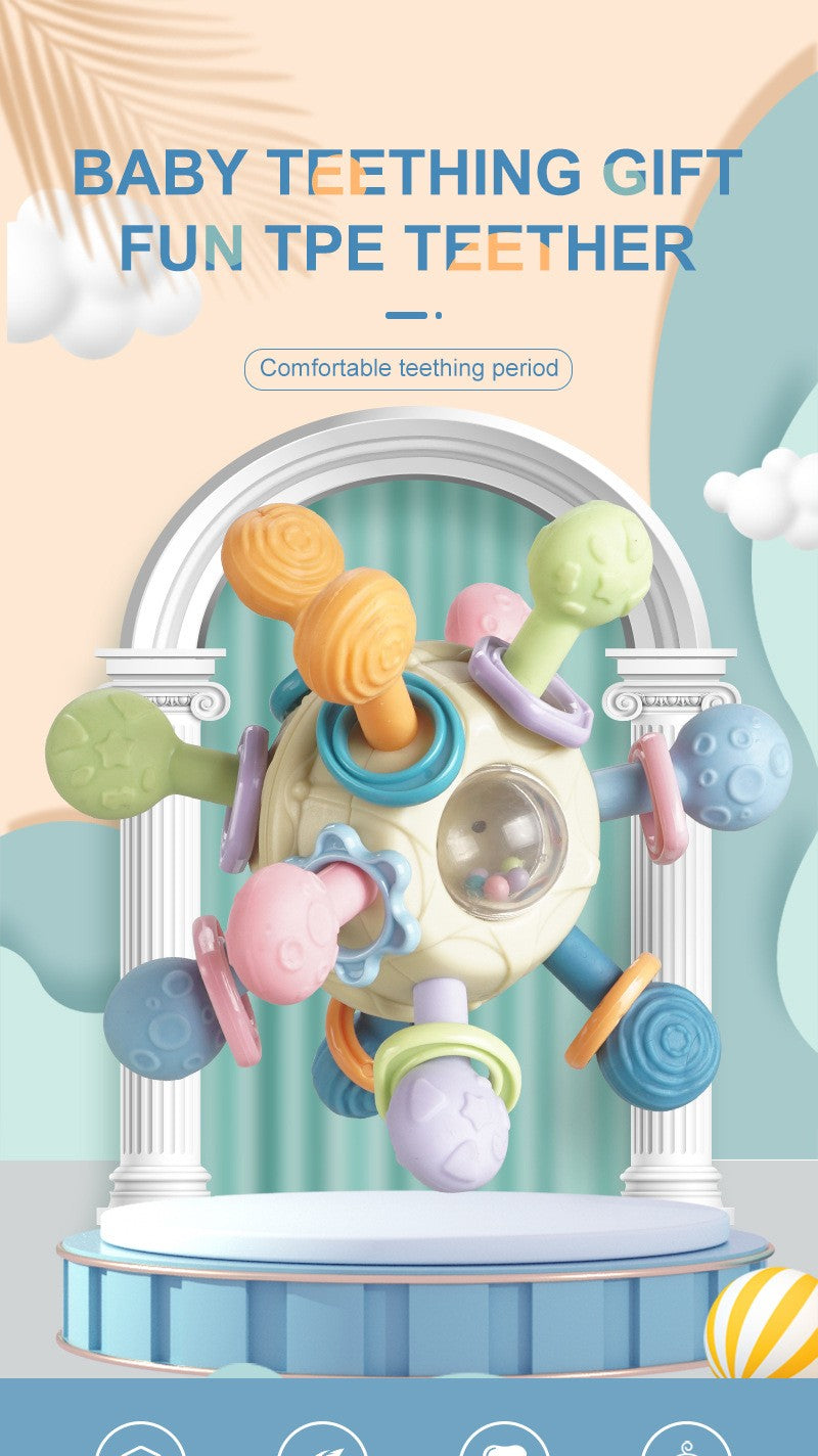 Brinquedo sensorial para bebês 0–12 meses – bola giratória, chocalho, mordedor de silicone e atividade de desenvolvimento.