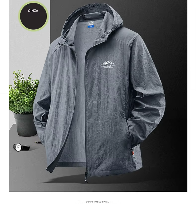 Jaquetas de verão à prova d'água para homens, ideais para caminhadas, pesca, ciclismo e ginásio. Casaco com capuz, esportes ao ar livre e proteção solar, jaqueta fina e leve.