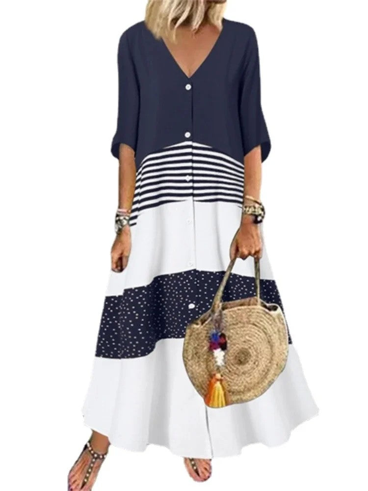 Vestido primavera – elegante, colorido, decote em V, manga 7/4, estilo casual para férias, com estampa exclusiva!