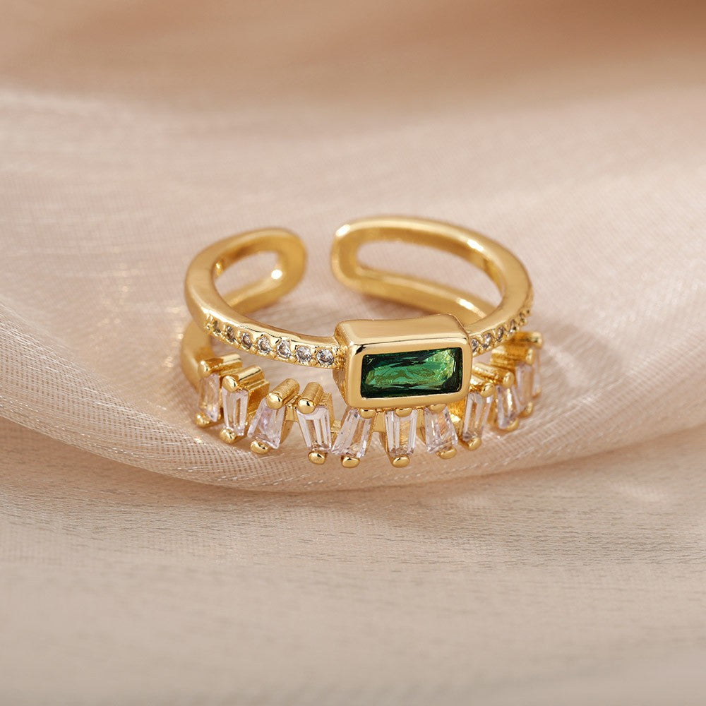 Anel de Zircão Verde Clássico ? | Design Irregular em Camada Dupla ? | Aço Inoxidável Banhado a Ouro ? | Ajustável, Ideal para Casamento ?