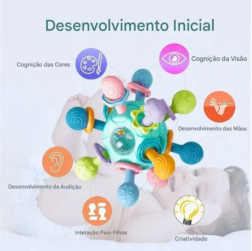 Brinquedo sensorial para bebês 0–12 meses – bola giratória, chocalho, mordedor de silicone e atividade de desenvolvimento.