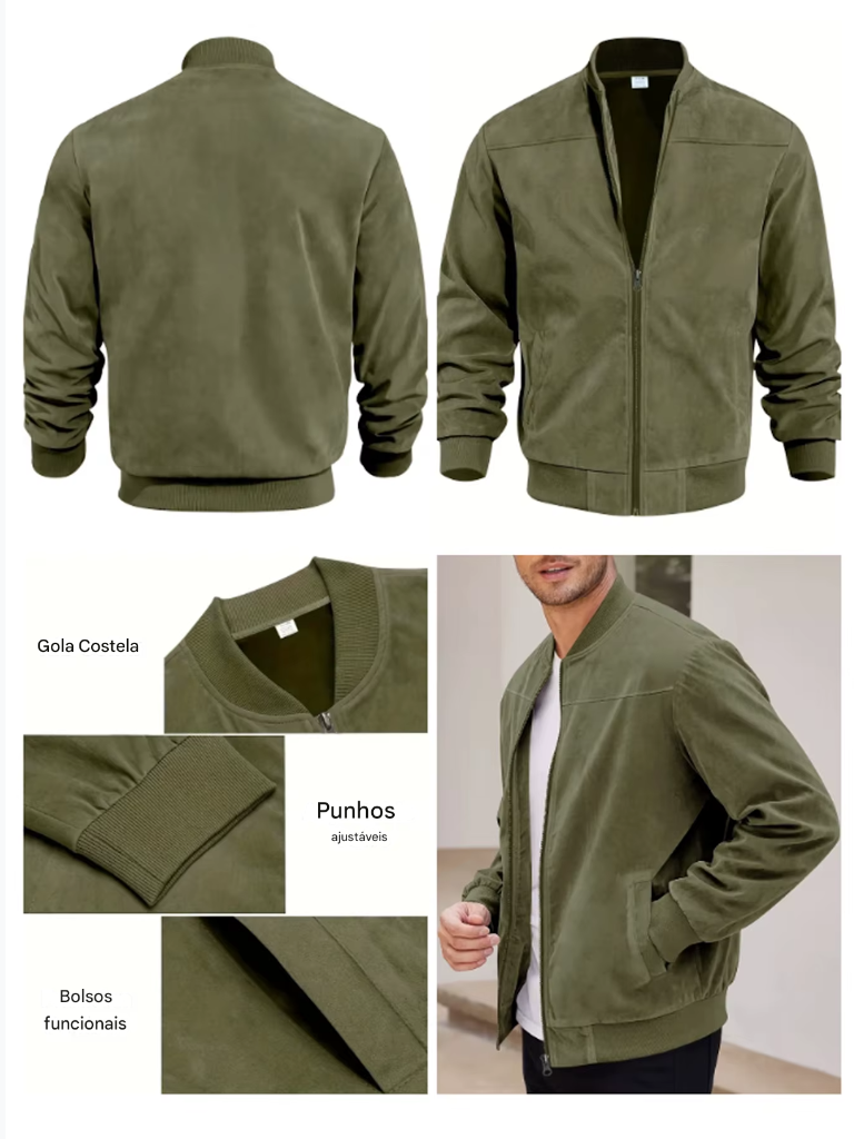 Jaqueta casual masculina em tecido de veludo pesado, com gola redonda e fechamento em zíper.