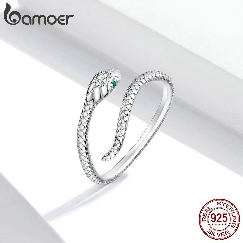 Bamoer | Anel Ajustável em Prata Esterlina 925, Banhado a Platina, com Zircão Verde e Textura Retrô de Cobra – Disponível em 4 Cores.