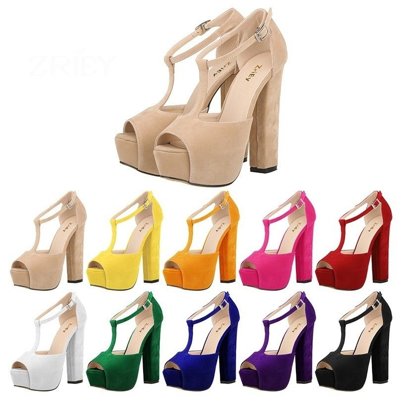 Sandálias femininas verão 2025 — salto alto grosso de 14 cm, modelo peep toe, com plataforma, fivela ajustável e estilo sexy. Ideal para festas, vestidos elegantes e casamentos.
