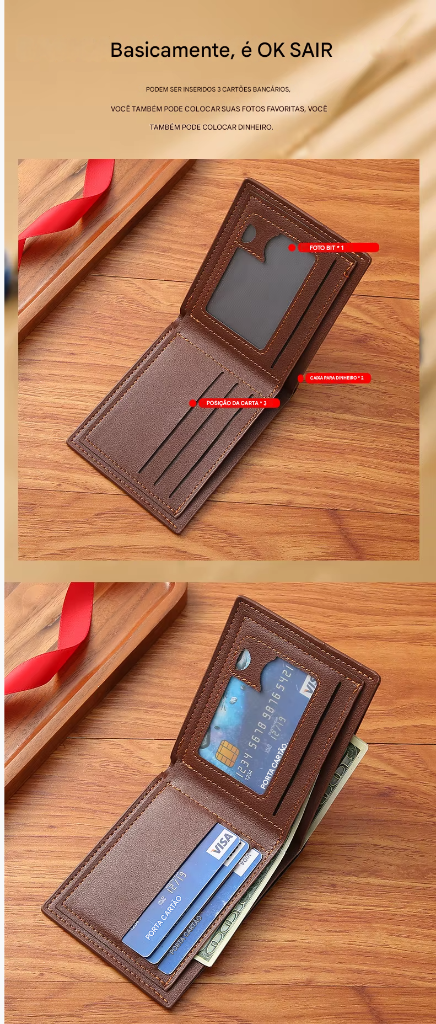 Carteira Bifold Curta Masculina em Couro Sintético Titular de Cartão de Identificação e Crédito Design Sólido e Elegante Ideal para Negócios e Uso Diário!