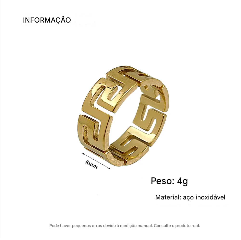Anéis em aço inoxidável banhados a ouro, elegantes e duráveis. Modelos masculino e feminino, ideais para festas e casamentos.