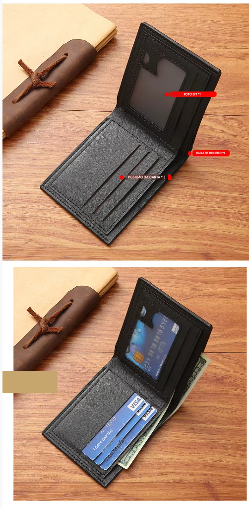 Carteira Bifold Curta Masculina em Couro Sintético Titular de Cartão de Identificação e Crédito Design Sólido e Elegante Ideal para Negócios e Uso Diário!