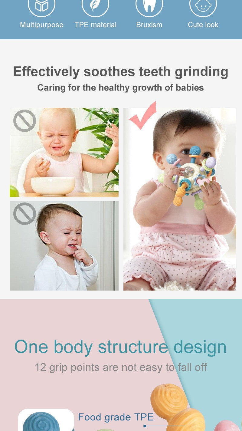 Brinquedo sensorial para bebês 0–12 meses – bola giratória, chocalho, mordedor de silicone e atividade de desenvolvimento.