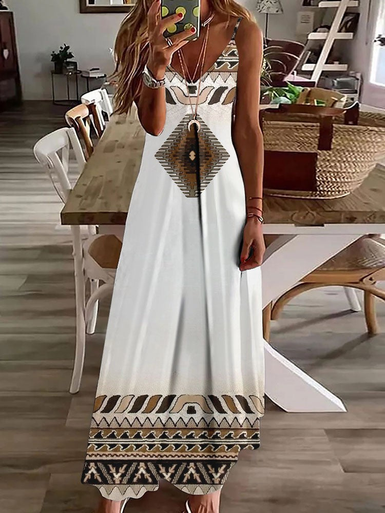 Vestido longo feminino com estampa de coruja indiana, sem mangas, decote V, casual e estiloso para o verão.