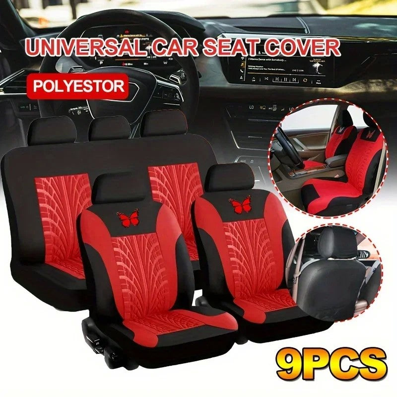 Conjunto Universal de Capas para Banco de Carro 9 Peças – Bordado Borboleta Vermelha, Estilo Elegante e Proteção Completa para Todas as Estações