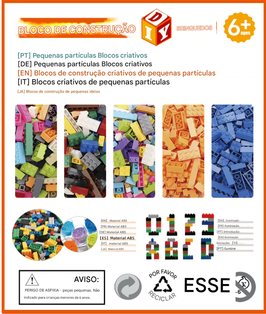 Blocos de Construção Criativos DIY – Conjunto em Massa com 300/500/1000/1500 Peças | Blocos Clássicos de Montar | Presente de Aniversário | Brinquedo Educativo para Crianças
