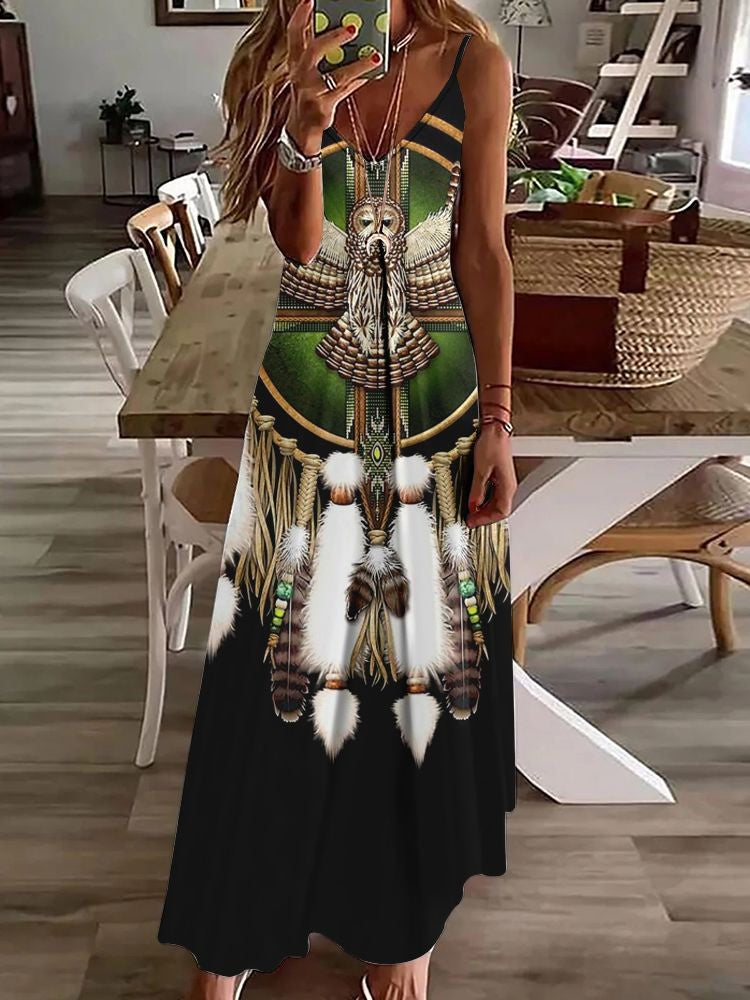 Vestido longo feminino com estampa de coruja indiana, sem mangas, decote V, casual e estiloso para o verão.