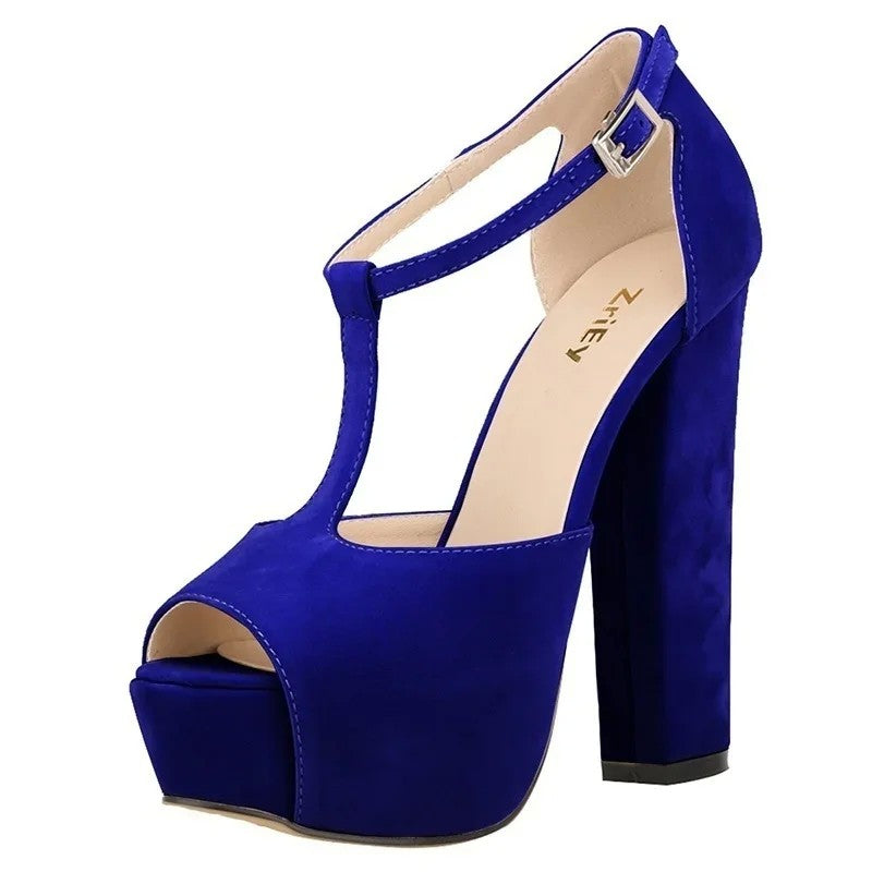 Sandálias femininas verão 2025 — salto alto grosso de 14 cm, modelo peep toe, com plataforma, fivela ajustável e estilo sexy. Ideal para festas, vestidos elegantes e casamentos.