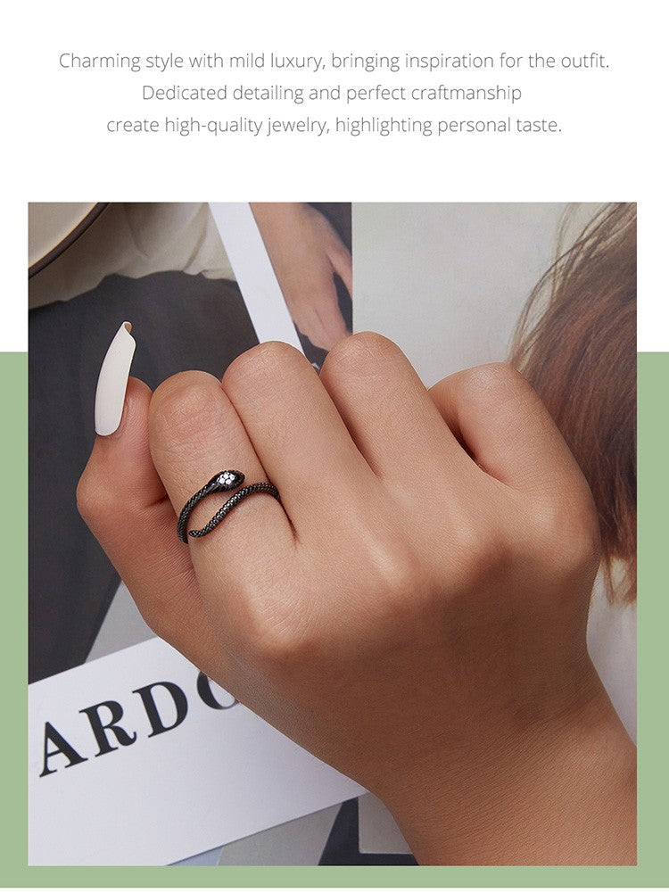 Bamoer | Anel Ajustável em Prata Esterlina 925, Banhado a Platina, com Zircão Verde e Textura Retrô de Cobra – Disponível em 4 Cores.