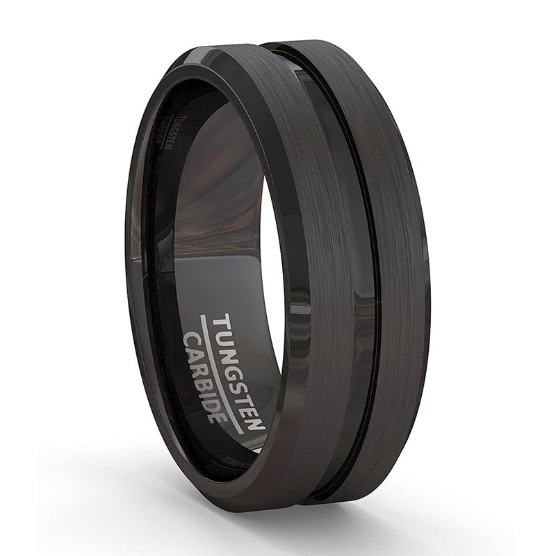 Anel Masculino 8mm em Aço Inoxidável, Ranhura Preta Fosca — Joia Ideal para Casamento, Noivado, Festa ou Presente de Aniversário.