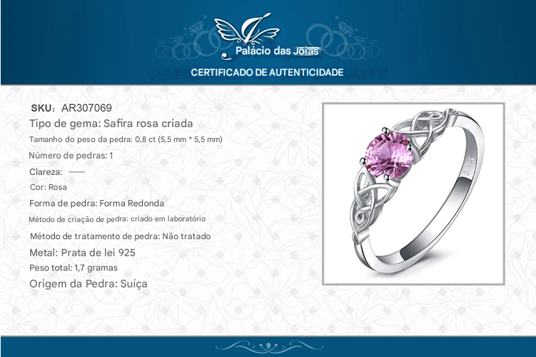 JewelryPalace | Anel Nó Celta com Safira Rosa Criada, em Prata Esterlina 925 — Anel de Promessa, Noivado, Jóias Finas e Presente para Mulheres.