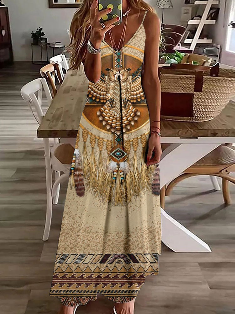 Vestido longo feminino com estampa de coruja indiana, sem mangas, decote V, casual e estiloso para o verão.