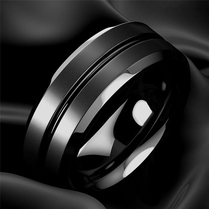 Anel Masculino 8mm em Aço Inoxidável, Ranhura Preta Fosca — Joia Ideal para Casamento, Noivado, Festa ou Presente de Aniversário.