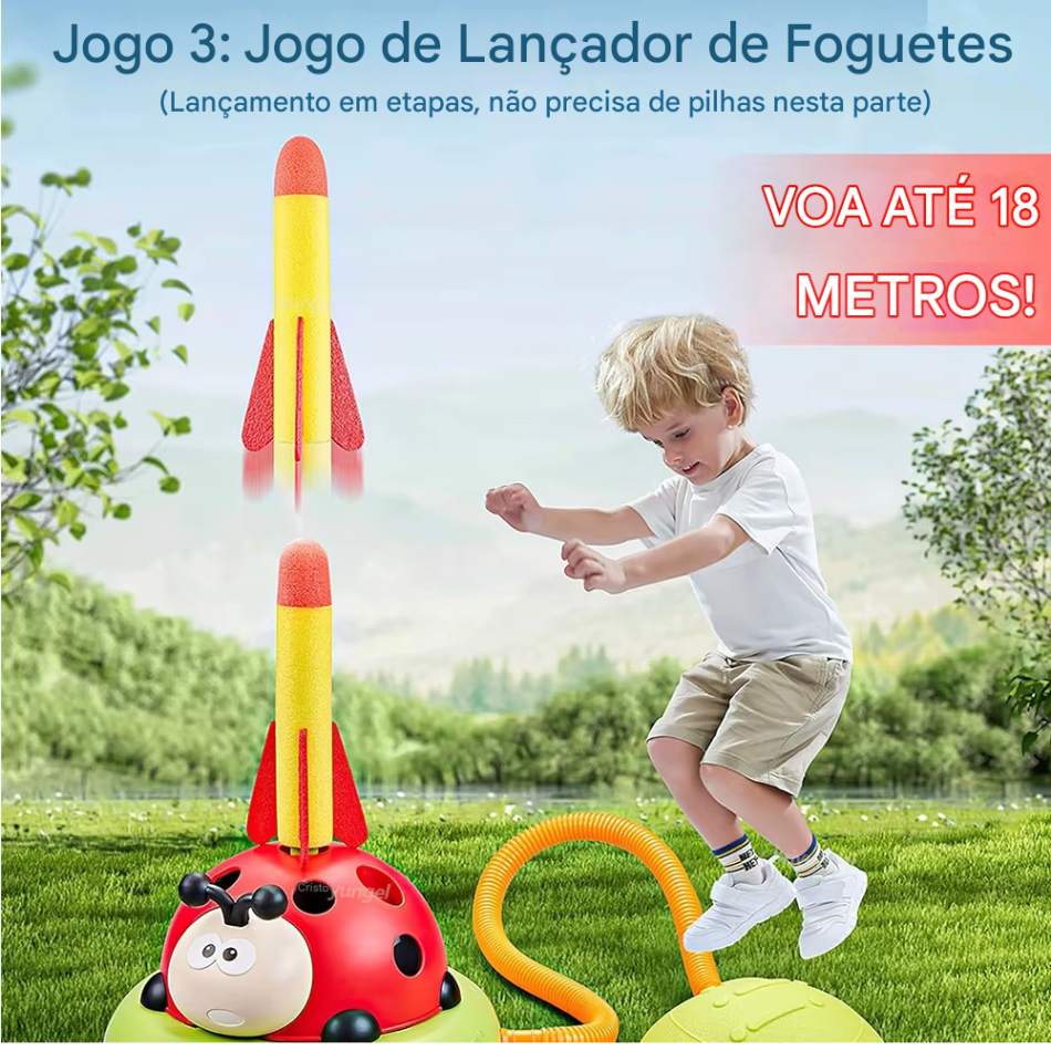 Brinquedo 3 em 1 Esportivo e Interativo – Joaninha Musical com Jogo de Arremesso de Anel, Pulo Divertido e Lançador de Foguetes