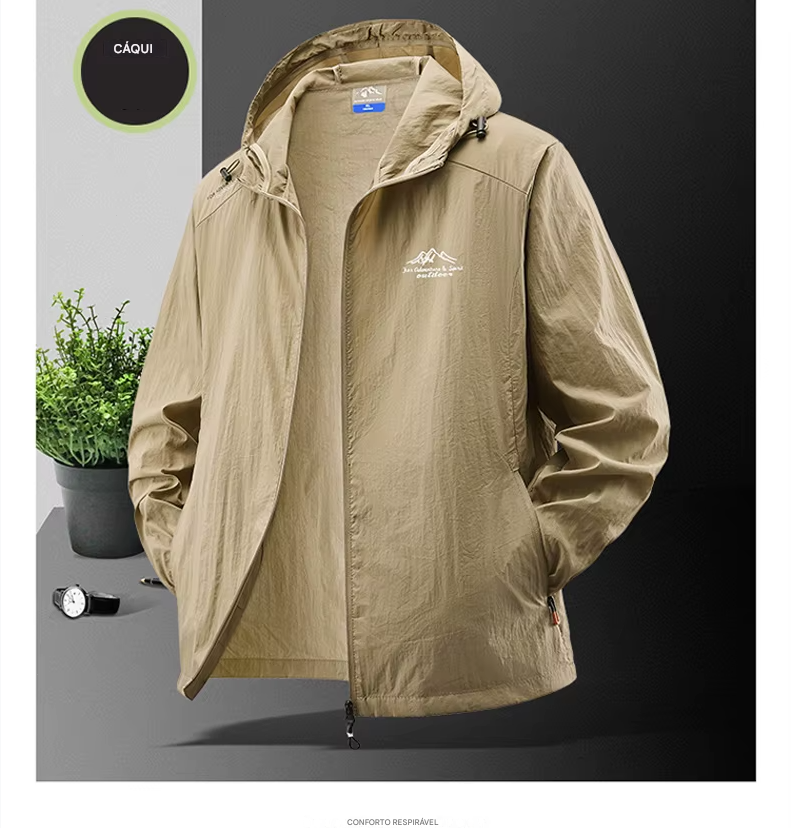 Jaquetas de verão à prova d'água para homens, ideais para caminhadas, pesca, ciclismo e ginásio. Casaco com capuz, esportes ao ar livre e proteção solar, jaqueta fina e leve.