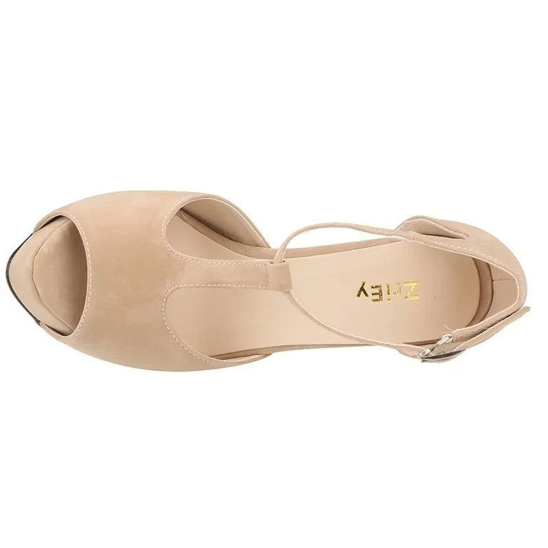 Sandálias femininas verão 2025 — salto alto grosso de 14 cm, modelo peep toe, com plataforma, fivela ajustável e estilo sexy. Ideal para festas, vestidos elegantes e casamentos.