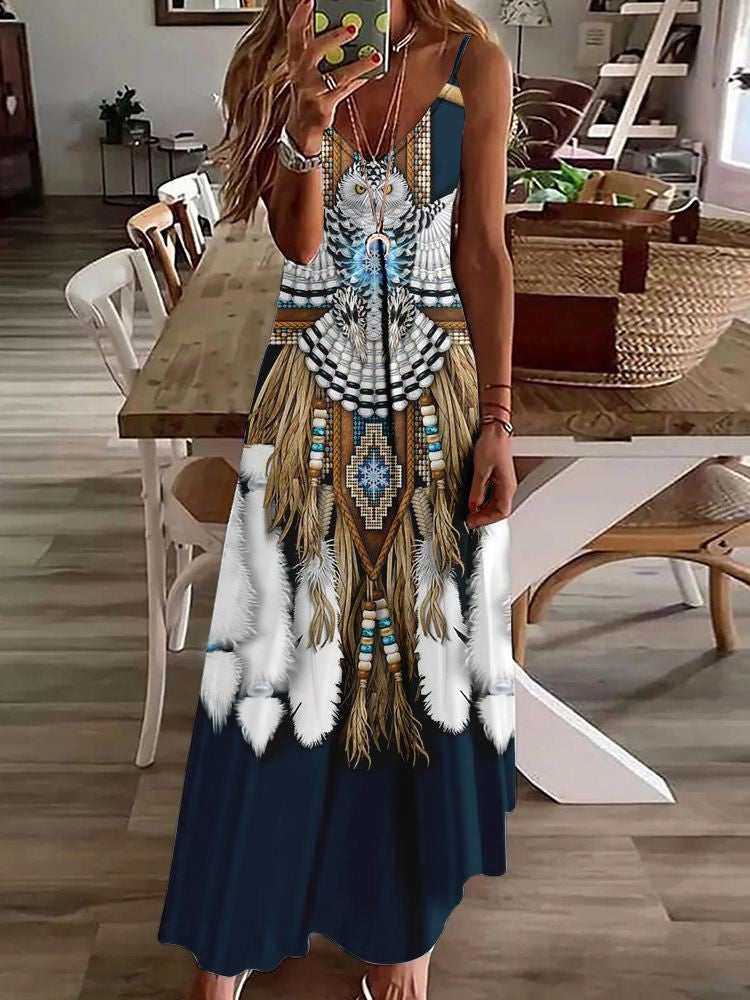 Vestido longo feminino com estampa de coruja indiana, sem mangas, decote V, casual e estiloso para o verão.