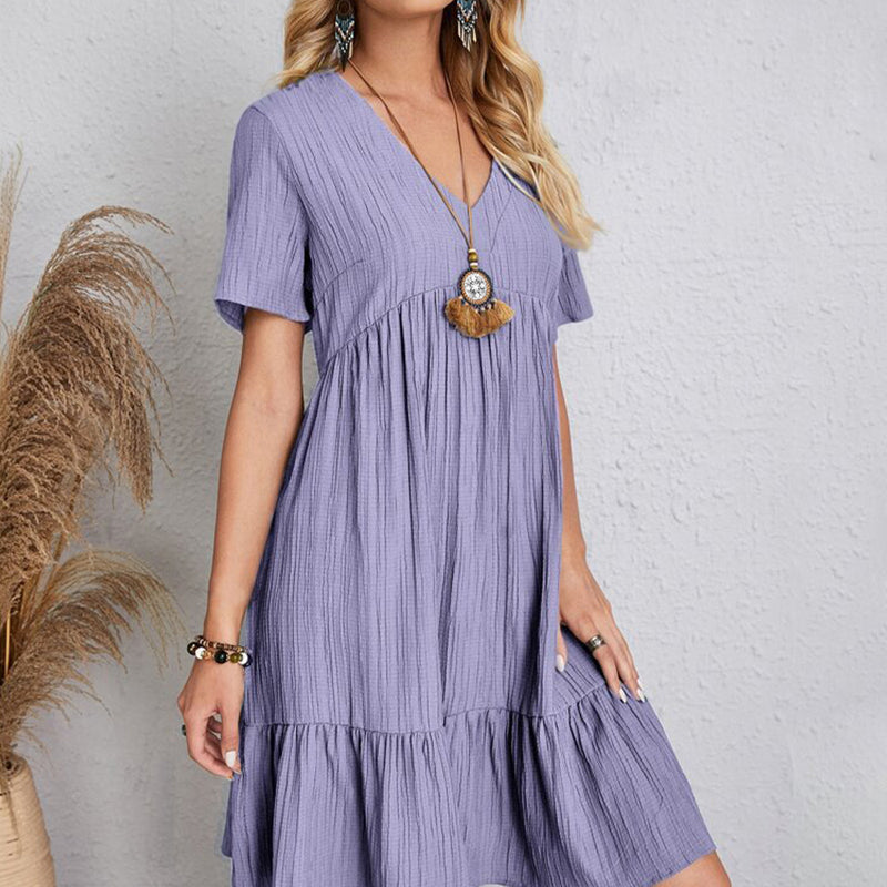 VerVestido Feminino Casual de Verão: Sólido, boêmio, com decote em V, mangas curtas, babados, solto, A-line. Mini vestido elegante, ideal para praia, festa ou uso diário.
