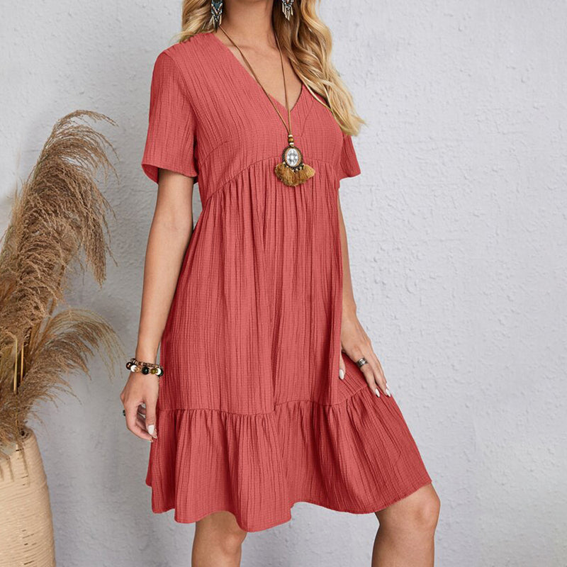 VerVestido Feminino Casual de Verão: Sólido, boêmio, com decote em V, mangas curtas, babados, solto, A-line. Mini vestido elegante, ideal para praia, festa ou uso diário.