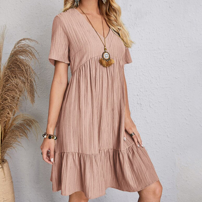 VerVestido Feminino Casual de Verão: Sólido, boêmio, com decote em V, mangas curtas, babados, solto, A-line. Mini vestido elegante, ideal para praia, festa ou uso diário.
