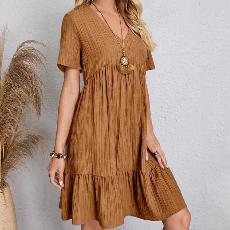VerVestido Feminino Casual de Verão: Sólido, boêmio, com decote em V, mangas curtas, babados, solto, A-line. Mini vestido elegante, ideal para praia, festa ou uso diário.