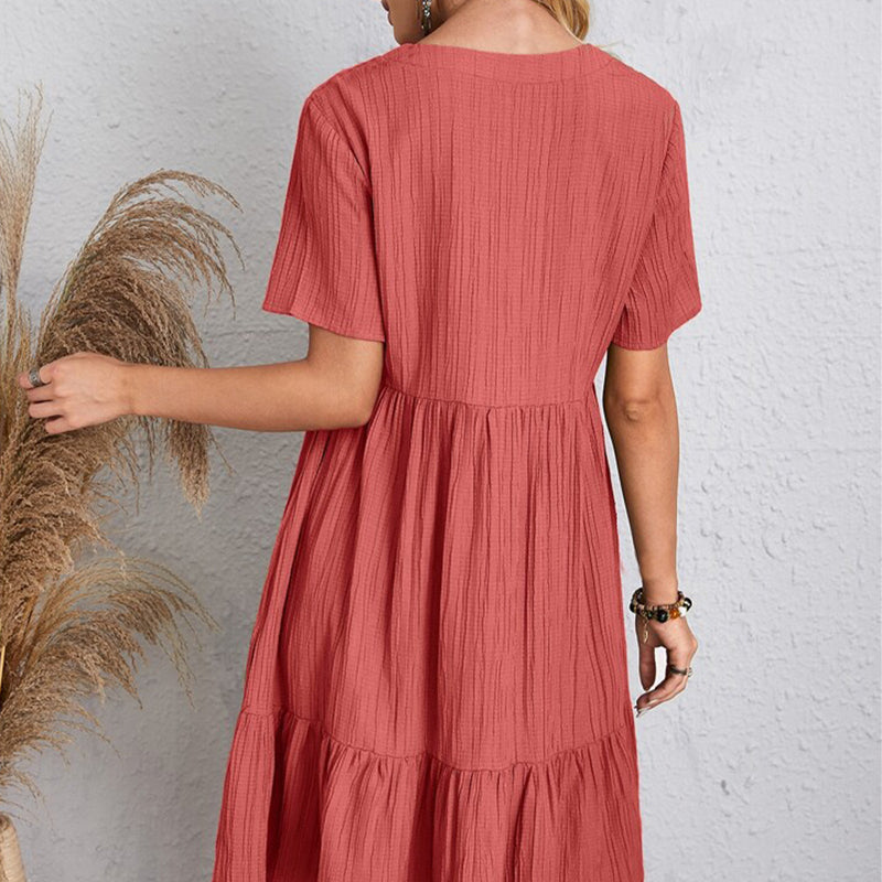 VerVestido Feminino Casual de Verão: Sólido, boêmio, com decote em V, mangas curtas, babados, solto, A-line. Mini vestido elegante, ideal para praia, festa ou uso diário.