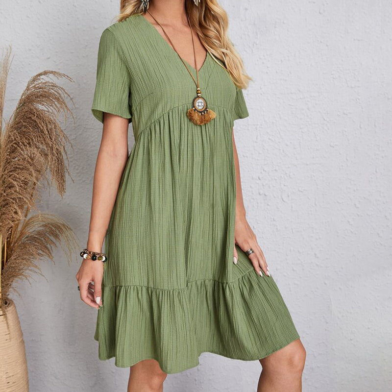 VerVestido Feminino Casual de Verão: Sólido, boêmio, com decote em V, mangas curtas, babados, solto, A-line. Mini vestido elegante, ideal para praia, festa ou uso diário.