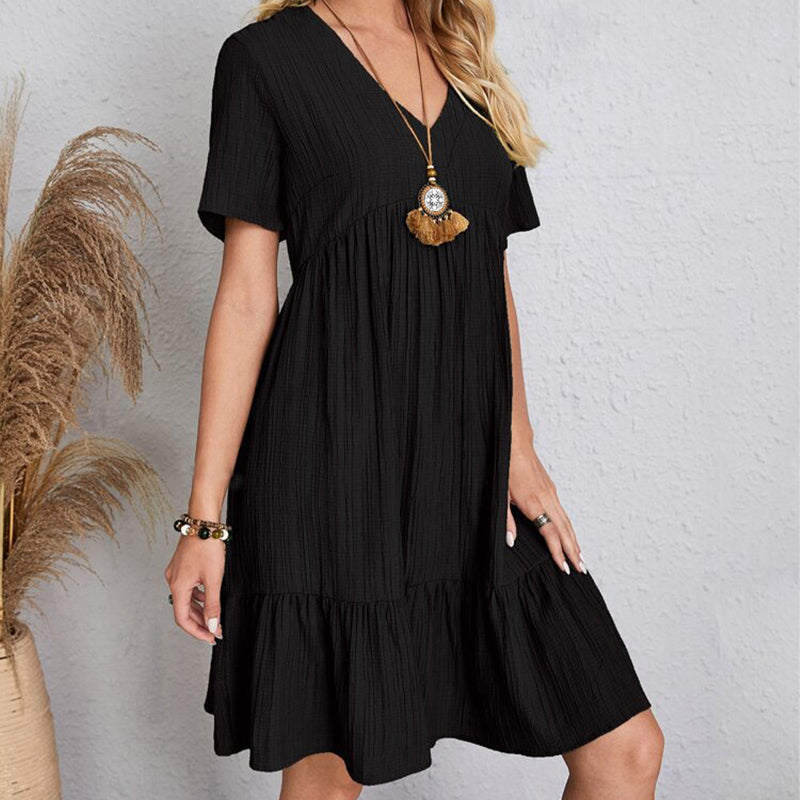 VerVestido Feminino Casual de Verão: Sólido, boêmio, com decote em V, mangas curtas, babados, solto, A-line. Mini vestido elegante, ideal para praia, festa ou uso diário.