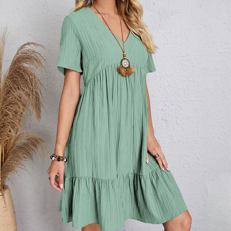 VerVestido Feminino Casual de Verão: Sólido, boêmio, com decote em V, mangas curtas, babados, solto, A-line. Mini vestido elegante, ideal para praia, festa ou uso diário.