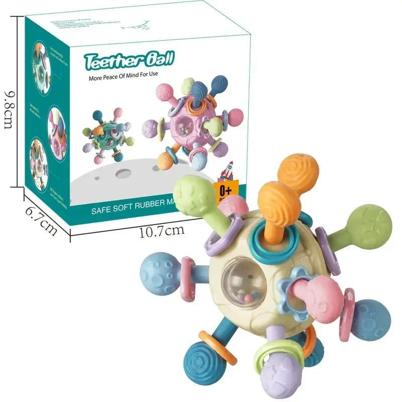 Brinquedo sensorial para bebês 0–12 meses – bola giratória, chocalho, mordedor de silicone e atividade de desenvolvimento.