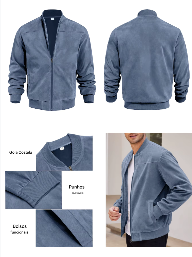 Jaqueta casual masculina em tecido de veludo pesado, com gola redonda e fechamento em zíper.