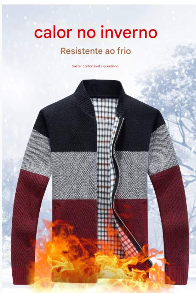 Jaquetas de malha masculinas para outono e inverno, grossas, macias e quentes, com mangas longas e gola. Perfeitas para um estilo casual e moderno.