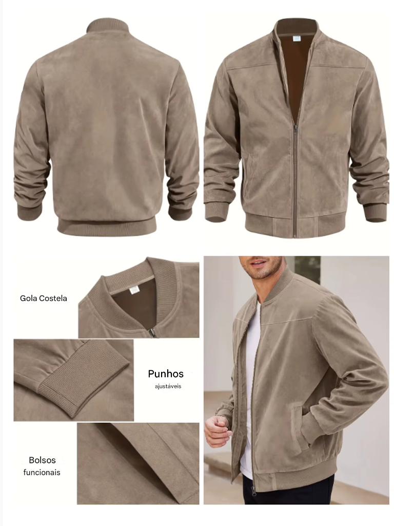 Jaqueta casual masculina em tecido de veludo pesado, com gola redonda e fechamento em zíper.