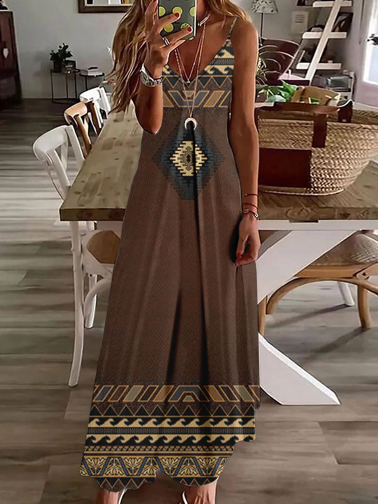 Vestido longo feminino com estampa de coruja indiana, sem mangas, decote V, casual e estiloso para o verão.